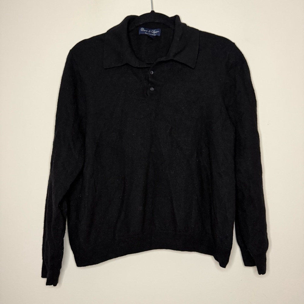 DAVIS & SQUIRE 100% Merino Wool Warm Quarter Button Preppy Black Polo Sweater